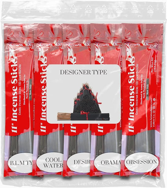 Designer Type11'' Incense Sticks - Variety Set 500 Pack - 11 inch - 5 Bundles 100 Sticks Per Fragrance Scent. Set Features Black Liver Matter, Kool Water, Desire, Obama & Obsession Type AromaDepotInc