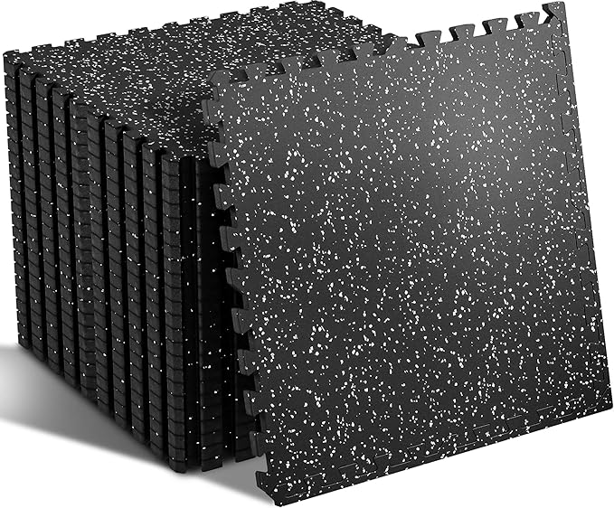 SUPERJARE 0.56'' Thick 24 Pcs 96 Sq Ft Rubber Top Exercise Equipment Mats, High Density EVA Foam Mats with Rubber Top, Interlocking Gym Flooring for Home Gym, Protective Workout Mat, Black/Grey - Bloomnest