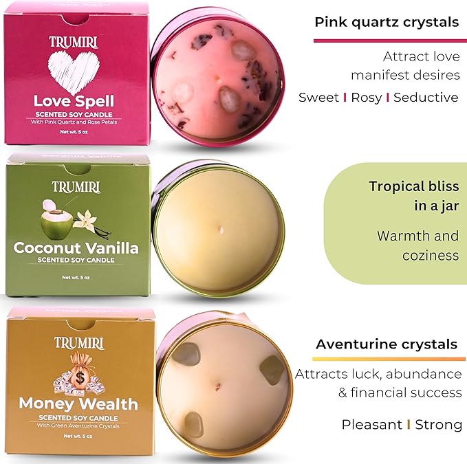 Love Spell, Money Wealth, Coconut Vanilla - Soy Candles Non Toxic - Highly Scented Long Lasting with Essential Oils - Variety Pack of 3 x 5oz - for Home Aromatherapy Meditation Gift Travel TRUMIRI