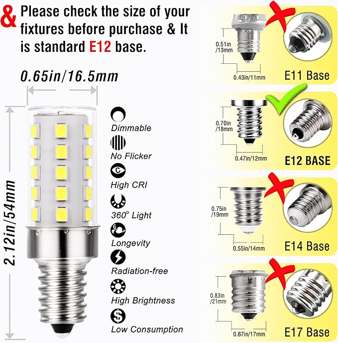 ALIDE Dimmable 5000k Daylight White LED Bulbs, Replace 40W E12 Halogen Equivalent, T6 Base 120V C7 LED Candelabra Bulbs 4W Bright White for Ceiling Fan Salt Lamp, 450lm, 10Pack - Bloomnest