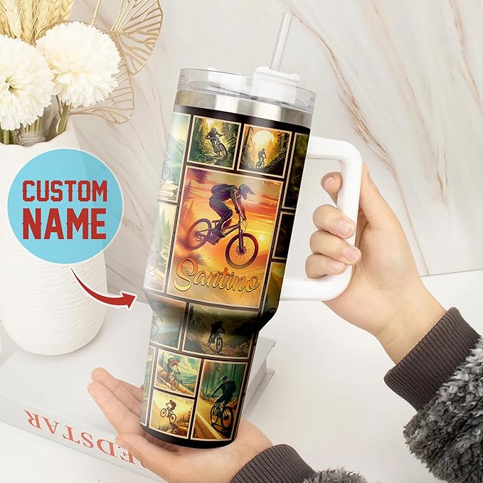 WAZONE Personalized Mountain Biking Tumbler 40oz with Handle and Straw Custom Name Insulated Travel Coffee Mug Stainless Steel Tumblers For Biker Bike Riding Lover Men Him Dad Papa On Birthday - Bloomnest