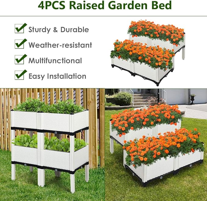 S AFSTAR Raised Garden Bed Kit Set of 4, Elevated Planter Boxes with Self-Watering Design & Removable Legs, Outdoor Plastic Planter Box for Patio Yard Balcony Gardening, Rattan Pattern (White) - Bloomnest