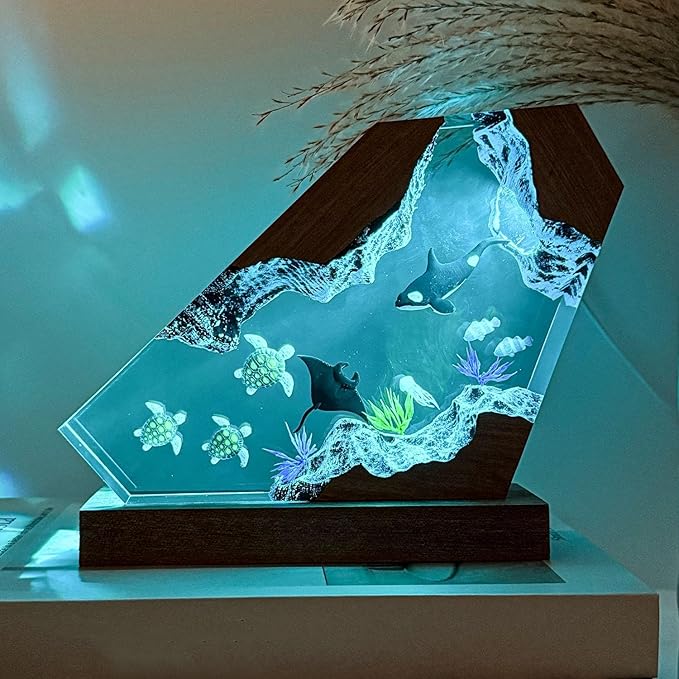 Orca Ocean Resin Lamp, Handmade Wooden Table Resin Night Light, USB Port Art Ornaments for Home Office Decor, Scuba Diver Gifts for Birthday Holiday, Unique Thanksgiving Day and Christmas Gifts - Bloomnest