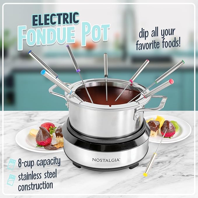 Nostalgia 8-Cup Electric Fondue Pot Set for Cheese & Chocolate - 8 Color-Coded Forks, Temperature Control - Kitchen Gadgets and Appliances for Hors d'Oeuvres and More - Stainless Steel - Bloomnest