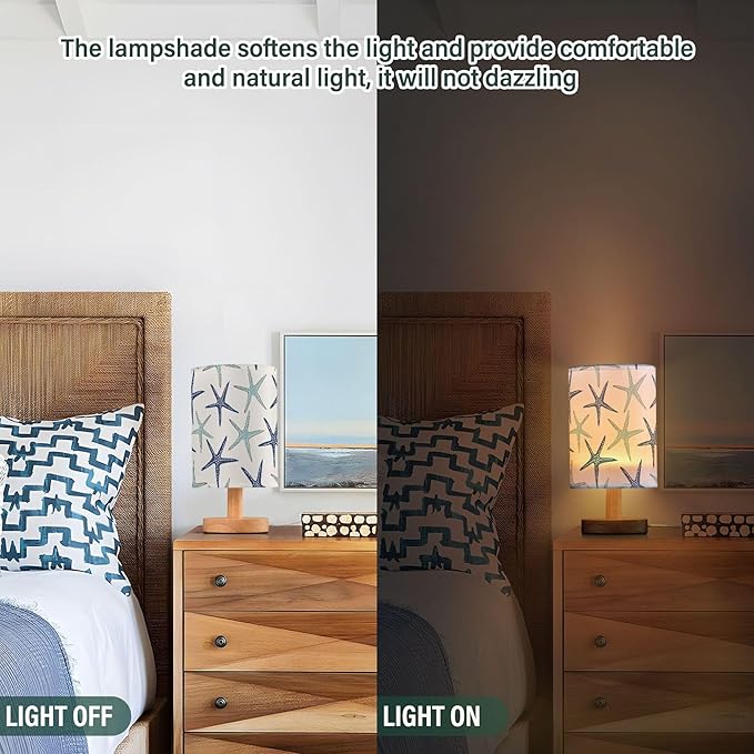 Table Lamp Nautical Starfish Pattern Nightstand Lamp with Wood Base Fabric Lamp Shade Bedside Desk Lamp for Living Room Bedroom Kids Room Office - Bloomnest