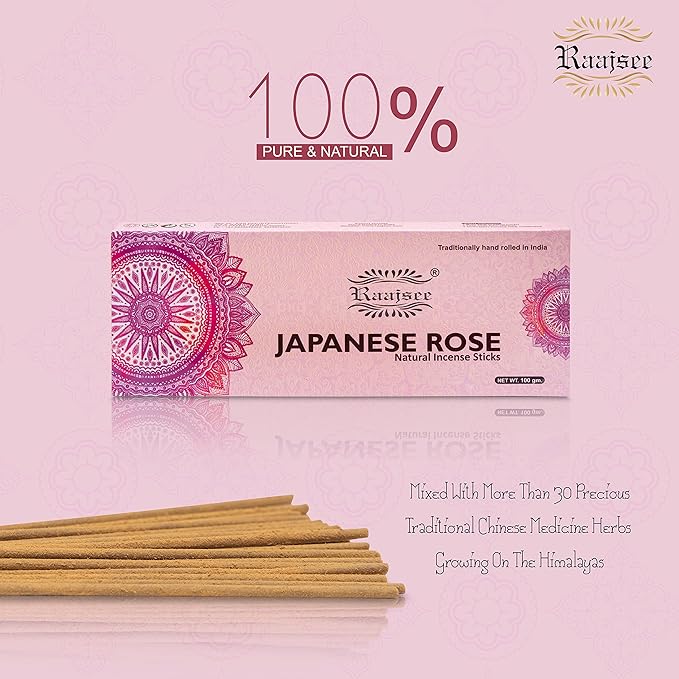 Raajsee Japanese Rose Incense Sticks 100 Gm Pack-100% Pure Organic Natural Hand Rolled Free from Chemicals-for Church,Aromatherapy,Relaxation,Meditation & Sensual Therapy RAAJSEE