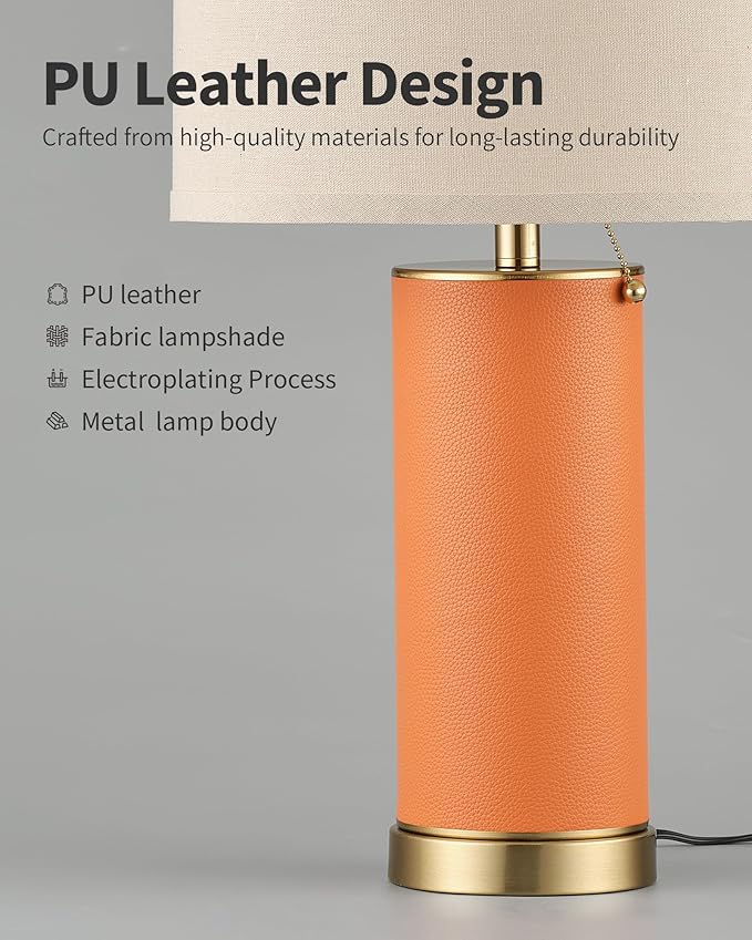 KDG 23.4" Orange PU Leather Table Lamps for Living Room Set of 2, 3 Level Brightness LED Modern Home Decor Fabric Lampshade Desk Lamp Lighitng for Bedroom, Bedside, Farmhouse, Nightstand, Night Light - Bloomnest
