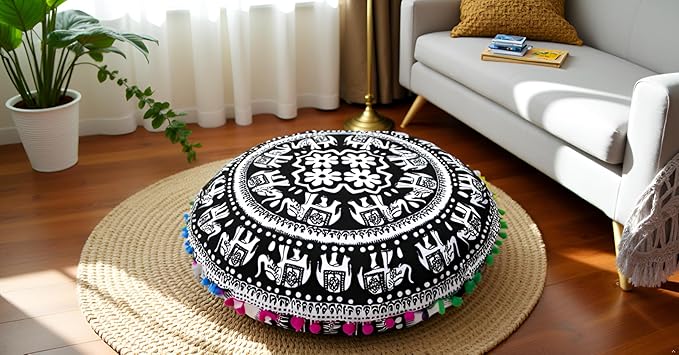 CRAFT KALA 22" Bohemian Floor Pillow Pouf Cover Mandala Boho Large Round Meditation Room Pillow Covers for Adults Seating Poufs Cushion Cover for Kids Playroom Black and White Elephant - Bloomnest