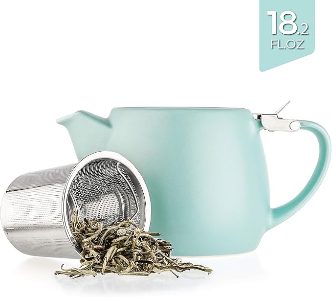 Tealyra - Pluto Porcelain Small Teapot Turquoise - 18.2-ounce (1-2 cups) - Matte Finish - Stainless Steel Lid and Extra-Fine Infuser To Brew Loose Leaf Tea - 540ml - Bloomnest