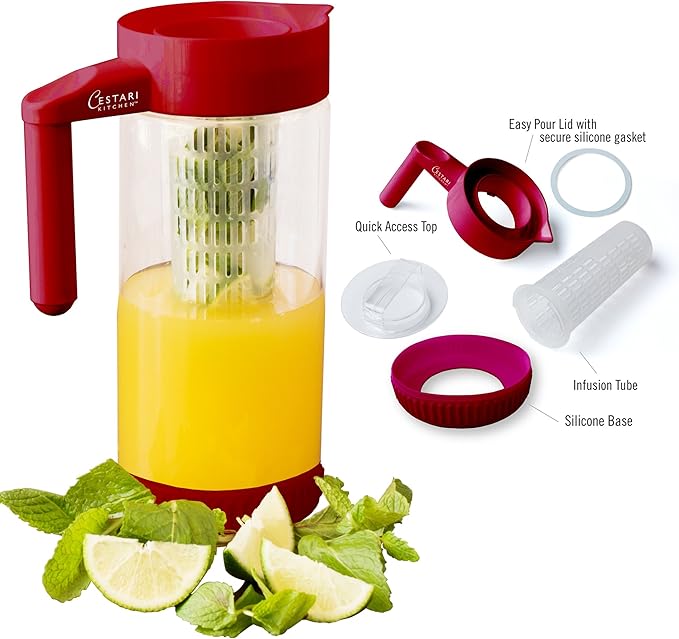 Glass Water Infusion Pitcher | BPA Free Fruit Infuser | Premium Borosilcate Glass for Hot and Cold Liquids | Infuse Iced Tea, Coffee, Water, Juice, Vodka, Tequila - Cestari Infuser, Red 44 ounces - Bloomnest