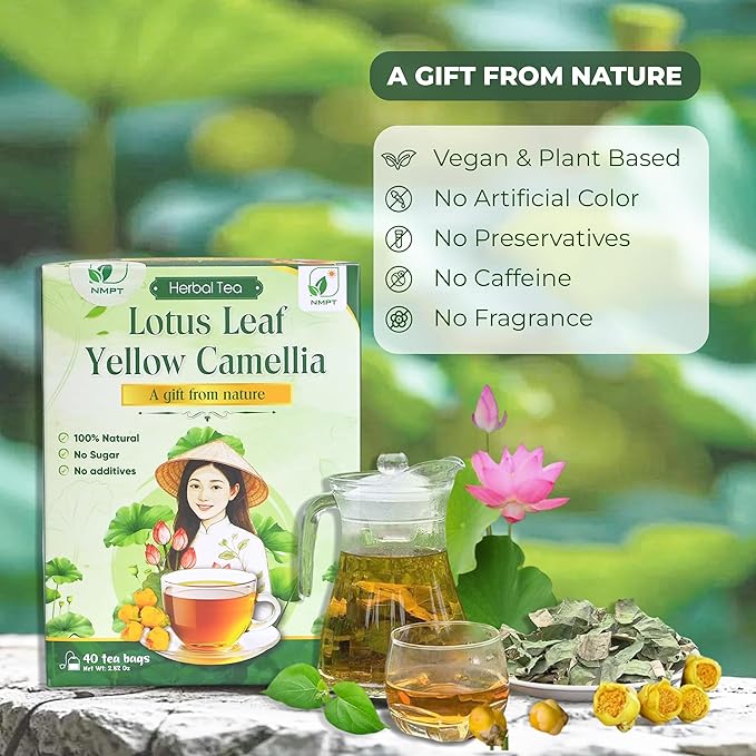 NMPT Dried Lotus Leaf Yellow Camellia Tea, Handpicked, Organic Herbal Tea, 40 Sachets, Cold-Dried, Gluten-Free, No Added Sugar, Mild Sweet Flavor, Supports Overall Health - Bloomnest