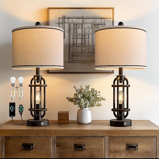 24'' Table Lamps for Living Room Bedroom Set of 2 Industrial Touch Lamp with USB A+C Ports, Night Light Farmhouse Vintage Nightstand Bedside Lamps for Night Stands Metal Black, Bulbs Included - Bloomnest