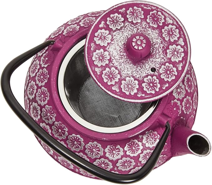 Purple Floral Cast Iron Teapot Kettle with Stainless Steel Loose Leaf Infuser (34 oz) - Cast Iron Tea Kettle - Tea Infuser Pot