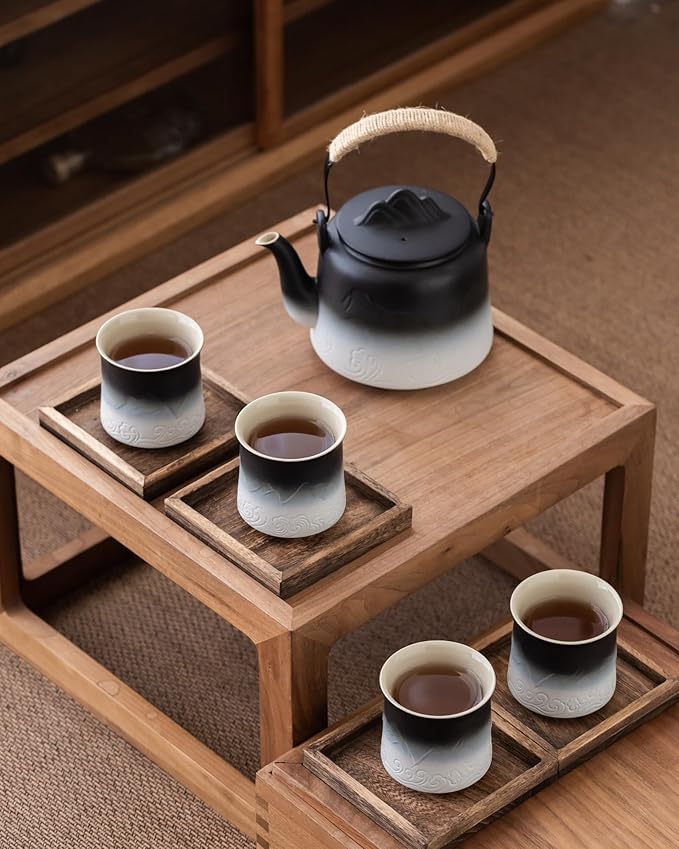 ZENS Vintage Japanese Tea Set, 33.8 oz Gradient Embossed Ceramic Japanese Teapot with Built-in Strainer for Tea Steeper, Hemp Rope Handle Loose Leaf Tea Pot with 4 Cups for Tea Party, Black & White - Bloomnest