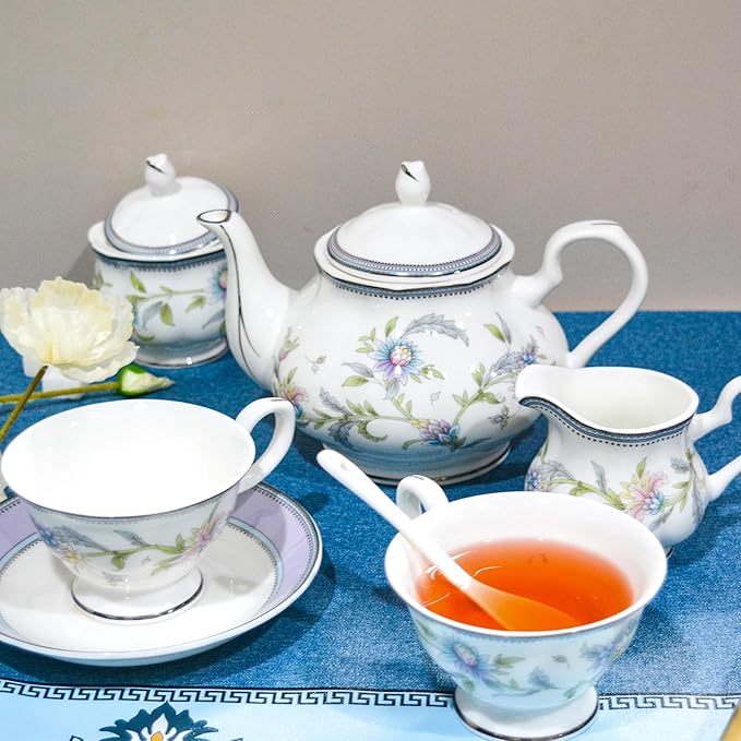 Bone China Tea Set, 21-Pieces Porcelain Tea Set for Adults, Tea Cups And Saucers for 6, with Teapot, Spoons, Sugar Bowl, Creamer Pitcher, Vintage Tea Set for Women Tea Party (Purple) - Bloomnest