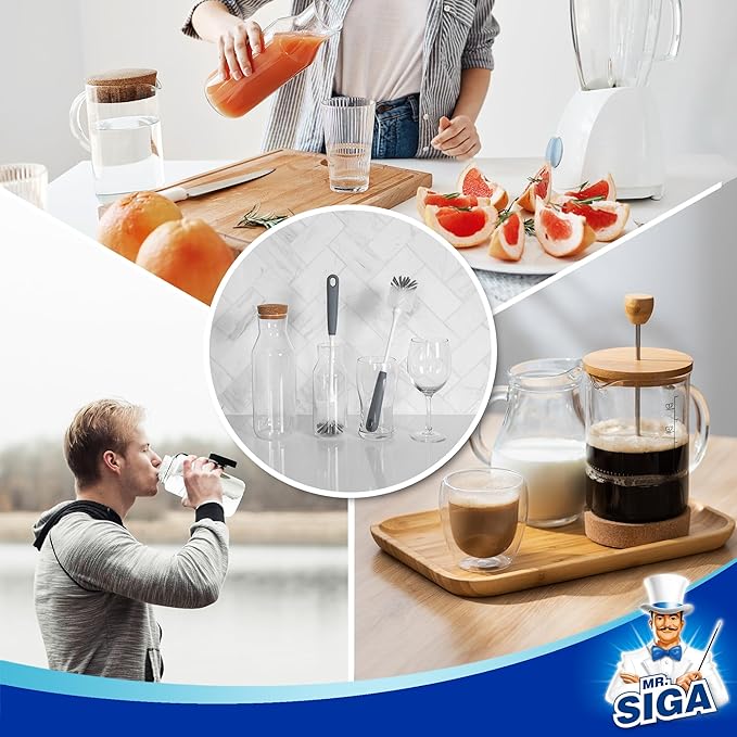 MR.SIGA Long Handle Bottle Brush, Flexible Scrub Brush for Water Bottles, Glasswares, Mugs, Gray, 2 Pack - Bloomnest