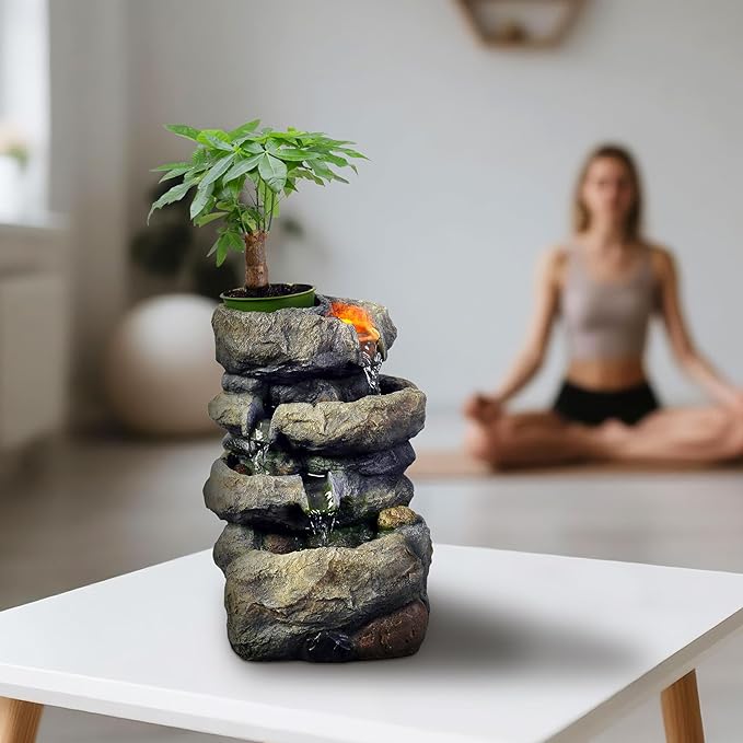 Kalona Tabletop Waterfall Fountain Rockery Fountains Soothing Sound Tabletop Fountains Home/Office Decor with a Small Plastic Pot to Grow The Plant by Yourself(Automatic Watering)(22020) - Bloomnest