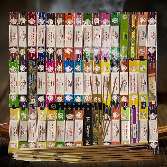 Satya Incense Sticks Variety Pack of 12 Randomly Selected Fragrances and Incense Stick Holder Bundle Total 180 Sticks TRUMIRI
