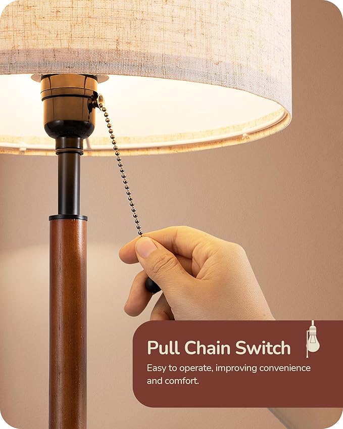 EDISHINE Mid Century Table Lamp, Pull Chain Switch Bedside Lamp with Linen Shade, Solid Wood Pole & Black Metal Base, Modern Nightstand Lamp for Bedroom, Living Room, Office, E26 Base - Bloomnest