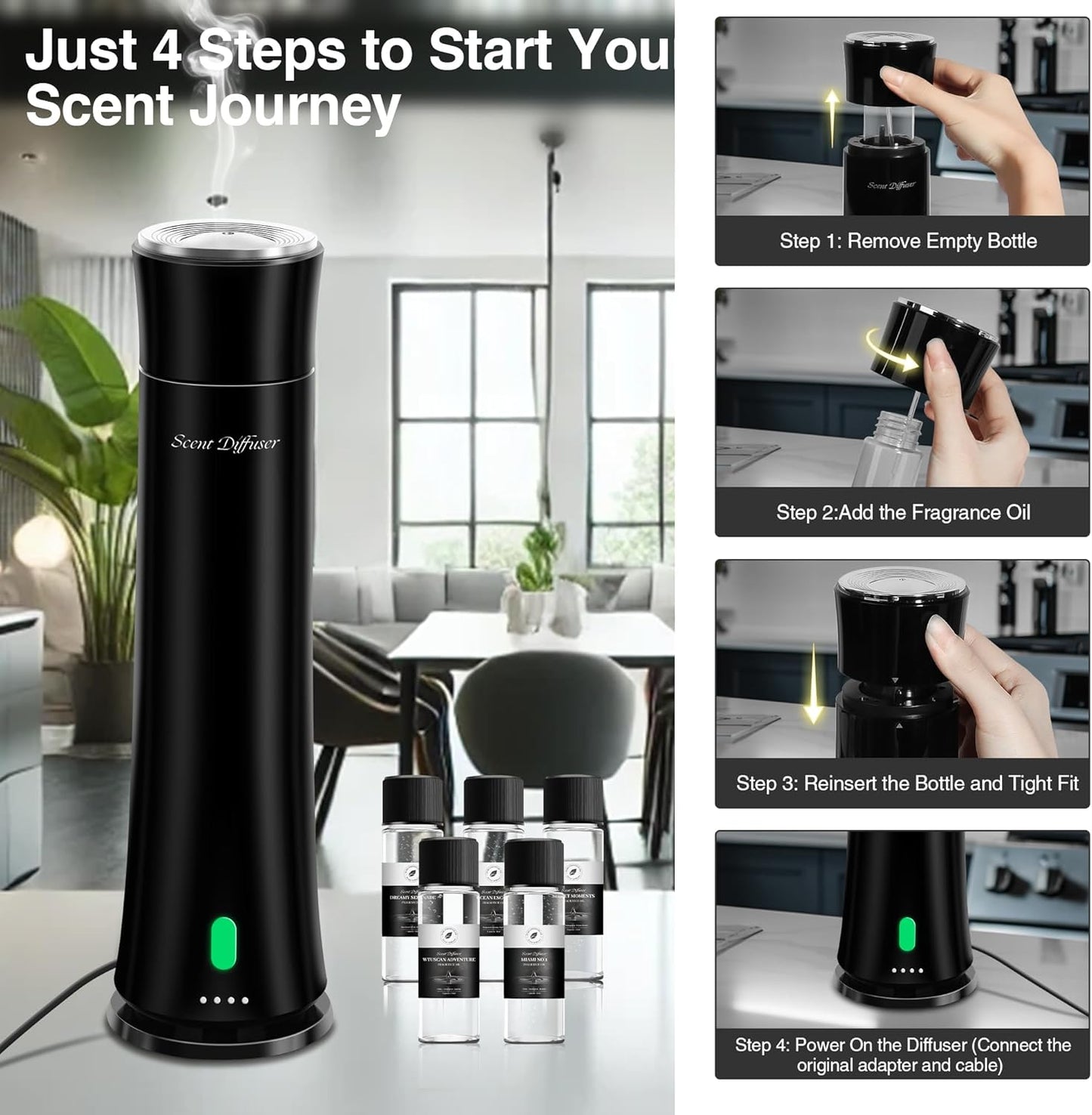 Hotel Scent Diffuser Starter Kit - 1500 Sq Ft Coverage, Premium Plastic Essential Oil Diffuser, Waterless Diffuser for Home, Hotel, Office, 5 Scent Essential Oils Included, Large Room, Black, 11In