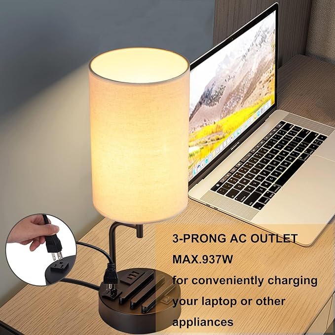 Dreamholder Table Lamp with 3 USB Charging Ports, Modern Desk Lamp with AC Outlet and Phone Stands, Perfect Bedside Lamp for Bedroom, Living Room, Office (Pack of 2), Cream - Bloomnest