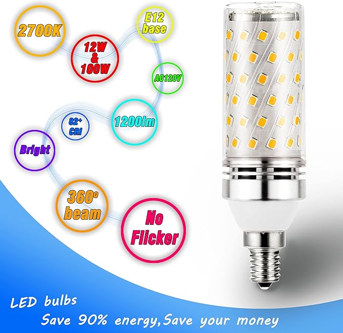 E12 100W Equivalent Led Candelabra Bulbs, E12 12W Led Candle Light Bulbs T6 C7 1200lm, 2700k Soft Warm White E12 Base Chandelier Pendant Ceiling Fan Bulbs, Non-Dimmable, 4Pack - Bloomnest