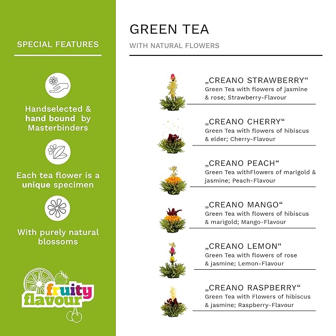 Creano Blooming Tea Gift Set with Glass Teapot 17oz (500ml) - Green Tea Fruity Flavoured Tea Flowers in 6 Varieties - Flowering Tea Gift for Easter - Bloomnest