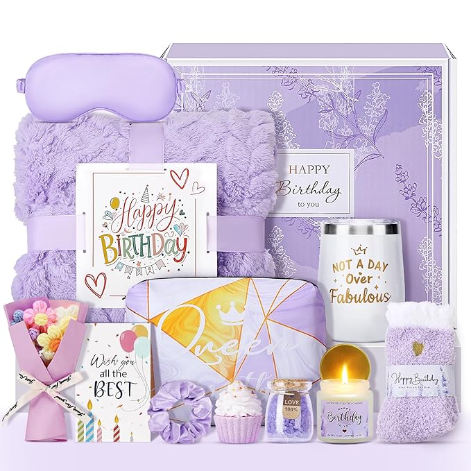 Birthday Gifts for Women, 13PCS Unique Happy Birthday Gifts Basket for Mom Her Best Friend Sister Wife Girlfriend Coworker Bestie, Luxury Self Care Box Relaxing Spa Gifts Set (Lavender) - Bloomnest