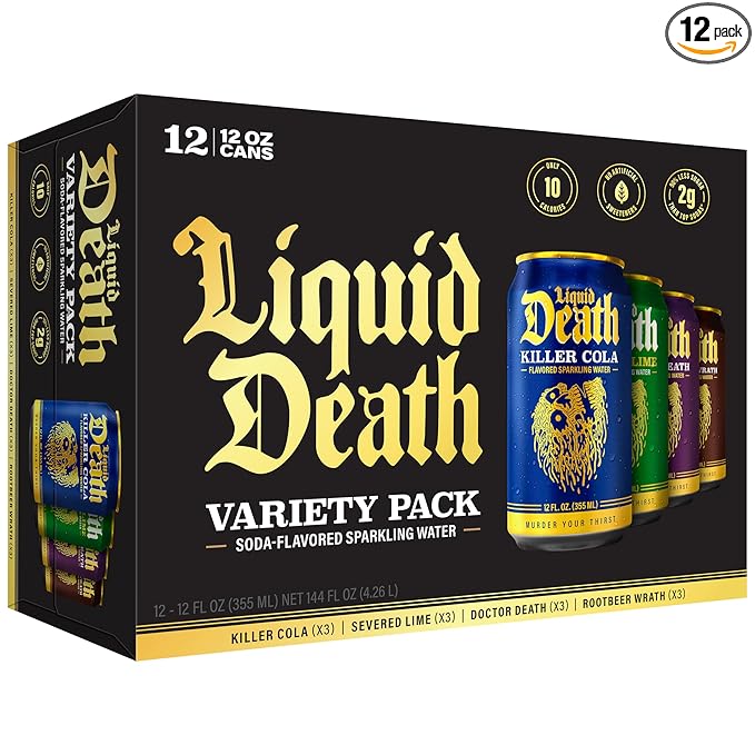 Liquid Death Soda-Flavored Sparkling Water - Classic Variety, Less Sugar*, Huge Flavor, No Caffeine, No Artificial Sweeteners, 4 Flavors: Lime, Doctor Death, Cola, Root Beer, 12 Fl Oz (Pack of 12) - Bloomnest