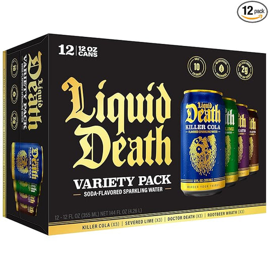 Liquid Death Soda-Flavored Sparkling Water - Classic Variety, Less Sugar*, Huge Flavor, No Caffeine, No Artificial Sweeteners, 4 Flavors: Lime, Doctor Death, Cola, Root Beer, 12 Fl Oz (Pack of 12) - Bloomnest