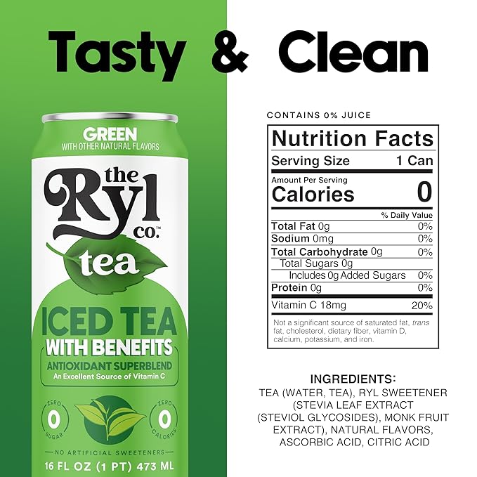 Ryl Iced Tea, Green, Antioxidant Superblend, Zero Sugar, Low Carb, Zero Calorie Iced Tea, 16.0 Fl Oz (12-Pack) - Bloomnest