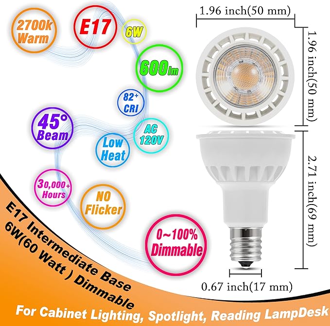 Dimmable E17 Intermediate Base Type R14 Reflector 6W (60 Watt Equivalent), Warm White 2700K, 600 Lumen, E17 LED Bulb for Cabinet Lighting, Spotlight, Reading Lamp, Desk Lamp, 3 Pack - Bloomnest