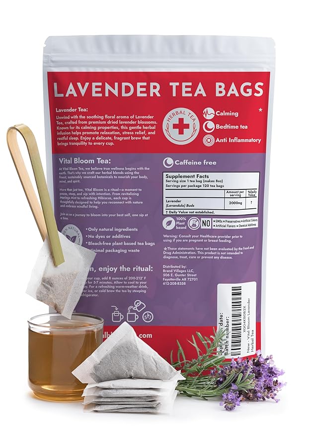 Vital Bloom 120 Tea Bags Lavender Tea, Stress Relief Herbal Tea, Sleepytime Tea, 100% Natural- No Sugar, Caffeine Free, No Gluten, Vegan - Bleach Free (Free Tongs Included) - Bloomnest