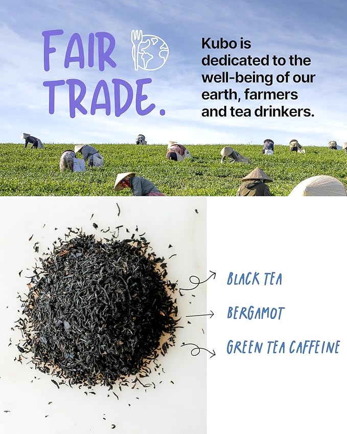 Kubo Tea Earl Grey Black Tea - Organic High Caffeine Energy Blend - 20 Pyramid Tea Bags (155mg Caffeine each) - Healthy Sugar Free Coffee Substitute for Hot and Iced Drinks - Biodegradable Packaging - Bloomnest