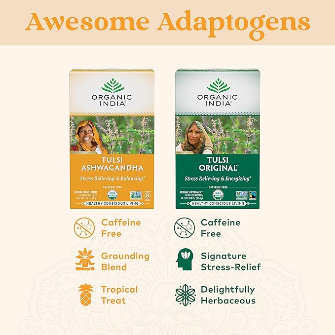ORGANIC INDIA Calming Tulsi Ashwagandha Herbal Tea - Holy Basil Tea with Ashwagandha Root, Supports Restful Sleep - Adaptogen, Vegan, USDA Certified Organic, Non-GMO - 18 Infusion Bags, 3 Pack - Bloomnest