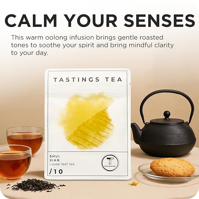 Tastings Tea Shui Xian Oolong Loose Leaf, 1.3 oz | Rich, Smoky & Sweet Traditional Chinese Leaves from the Fujian Province | Medium Caffeine | Small Batch & Sustainably Sourced | Resealable Pouch - Bloomnest