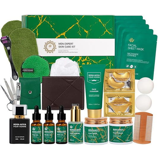 Valentines Day Gifts for Men, 30 Pcs Men Bergamot Facial Skin Care Set, Beard Grooming Kit, Spa and Bath, Self-Care Gift, Face Cleanser, Beard Oil, Serum, Parfume, Birthday, Christmas, Husband, Dad