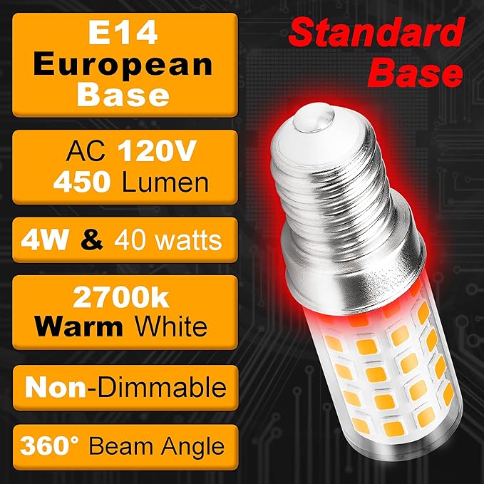 E14 LED Bulb AC100V-265V Warm White 2700K 450lm 4W Equivalent 40W T6 C7 E14 European Base LED Bulb Replace Turkish Mosaic Lamp Chandeliers Pendant Ceiling Fan Bulb Cooker Hood Bulb,Non-Dimmable,3 Pack - Bloomnest