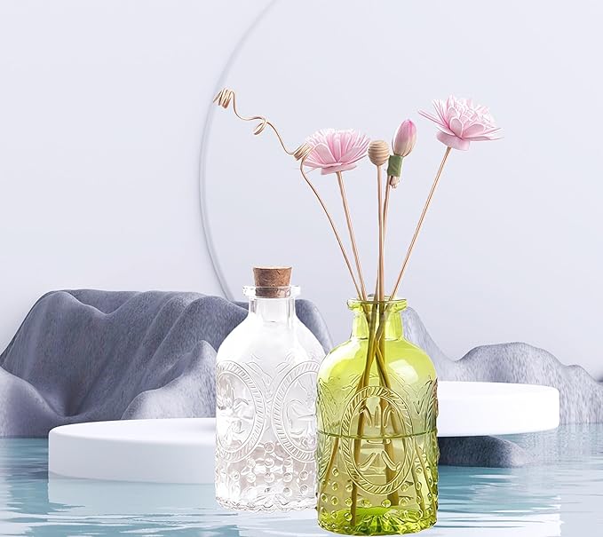 2Pcs Green Glass Reed Diffuser Bottles with Cork Lid,Apothecary Diffuser Decorative Bottles,Small Flower Bud Vase,Aromatherapy Container for DIY Replacement Diffuser,Reed Sticks,Crafts Decor Bloomnest