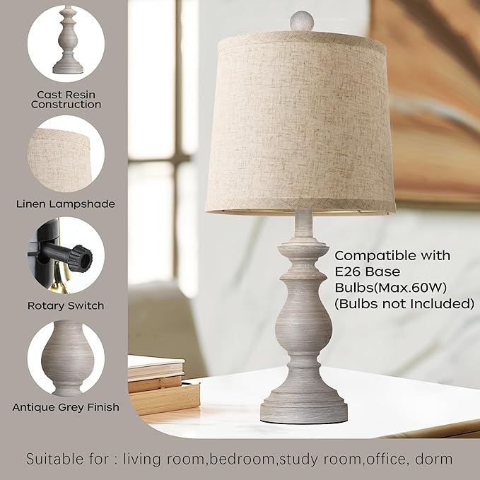 PARTPHONER Traditional Table Lamp Set of 2, Rustic Farmhouse Table Lamps for Living Room Bedroom, 22" Bedside Desk Lamps Vintage Nightstand Lamps with Linen Shades, Antique Grey - Bloomnest