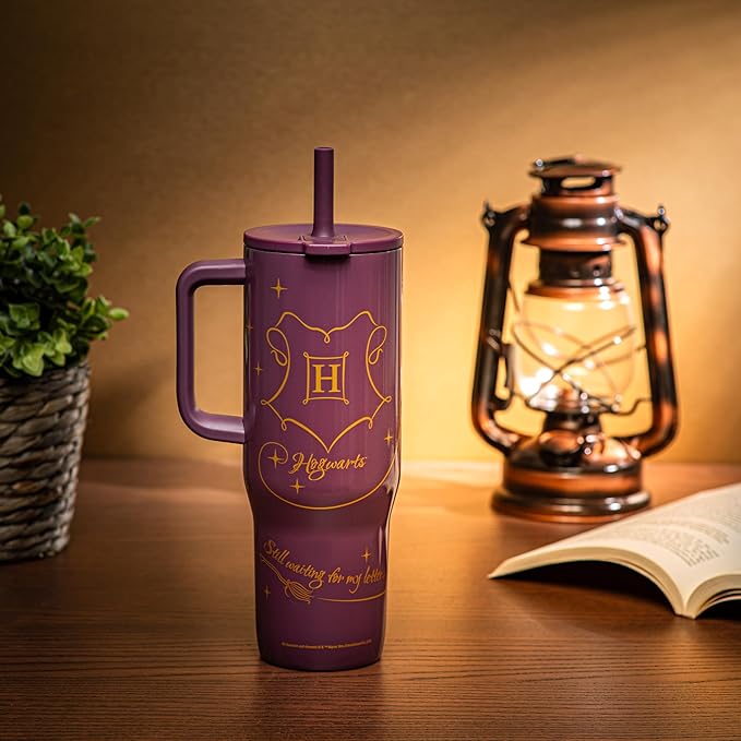 Zak Designs Harry Potter Sutton Travel Tumbler for On the Go, 30oz Stainless Steel with Vacuum Insulation, Silicone Straw, and Carry Handle for Cold Drinks (Hogwarts) - Bloomnest
