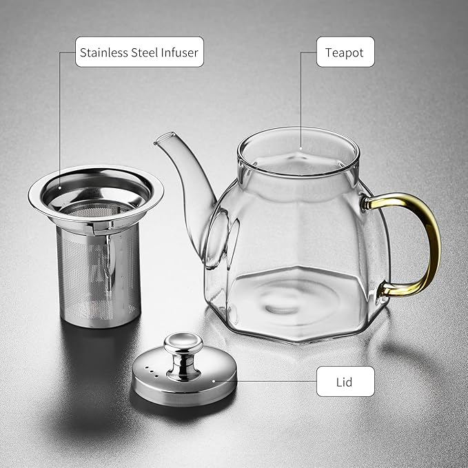 Glass Tea Pot with Stainless Steel Infuser and Lid (Octagonal), Clear Glass Teapot, Borosilicate Hydrochloric Glass Heat Resistant, Fine Glass Filter for Flower Tea, Tea Bags (27 oz / 800 ml) - Bloomnest