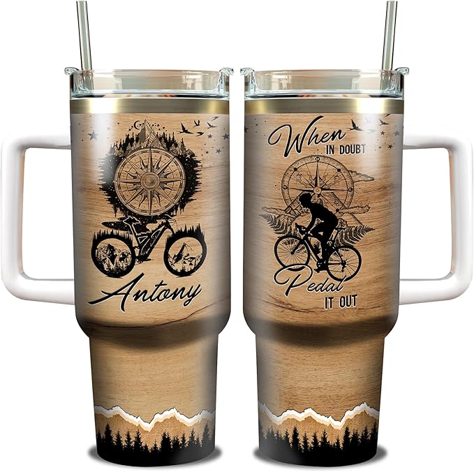 WAZONE Personalized Cycling Tumbler 40oz with Handle and Straw Custom Name When In Doubt Pedal It Out Stainless Steel Tumblers Travel Mug Cup Bicycle Funny Gift For Bikers Cyclists Women Men - Bloomnest