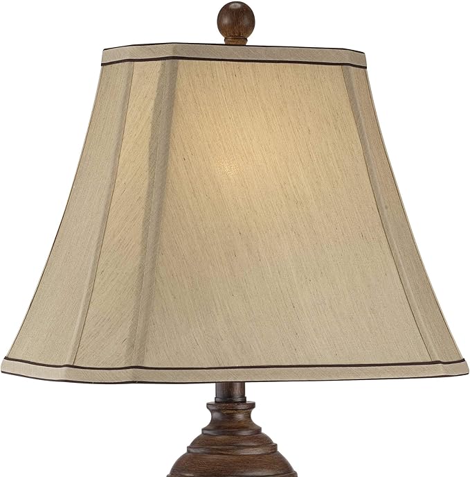 Regency Hill Traditional Style Table Lamp 28.5" Tall Carved Two Tone Brown Urn Shaped Ball Beige Fabric Rectangular Shade for Living Room Bedroom House Bedside Nightstand Home Office - Bloomnest
