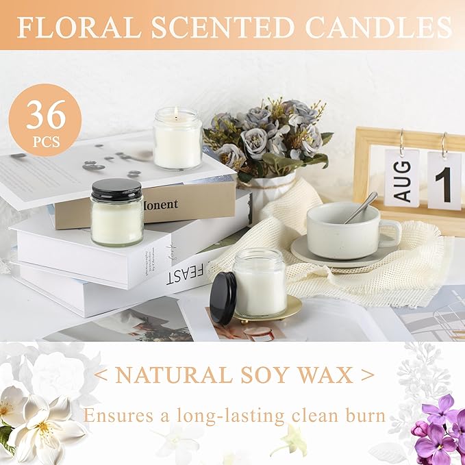 ACITHGL 36 Pcs 4oz Mini Mason Jar Candles Small Scented Candles Bulk Aromatherapy Ideal Souvenir Favors for Wedding Birthday Party (Vanilla, Lilac, Gardenia, Black) - Bloomnest