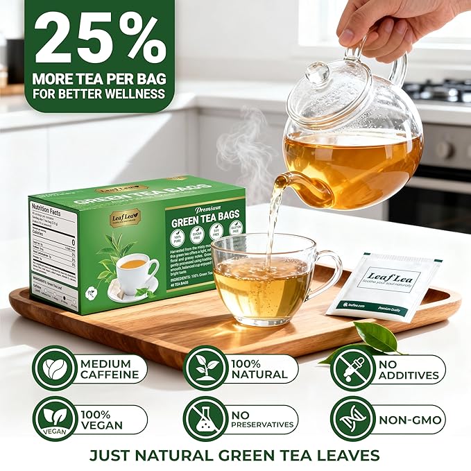 LeafLea 80 Premium Green Tea Bags, Pure Green Tea Leaves, Bright & Mild Flavor with Caffeine, Daily Wellness and Naturally Uplifting, Sugar-Free, Non-GMO, Vegan, Individually Wrapped (2 Pack) - Bloomnest