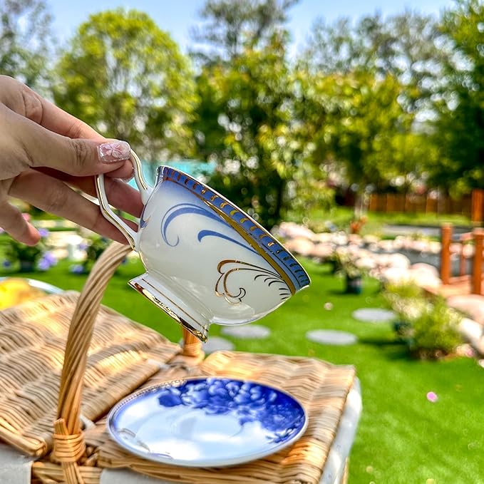 ACMLIFE Bone China Tea Sets, Blue and Gold Tea Set for Adults Porcelain Tea Cup Set, Cup and Saucer Set Vintage Floral for Women Party or Christmas Gifts Giving (china blue) - Bloomnest