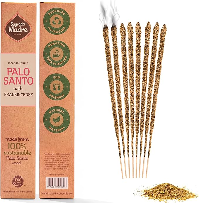 Sagrada Madre 8pcs Wildly Harvested Thick Palo Santo Incense Sticks (Frankincense), 9” Long - Eco Friendly, Non-Toxic, Aromatic Incense Sticks (1hr Burning Time) to Heal & Calm Your Body & Environment