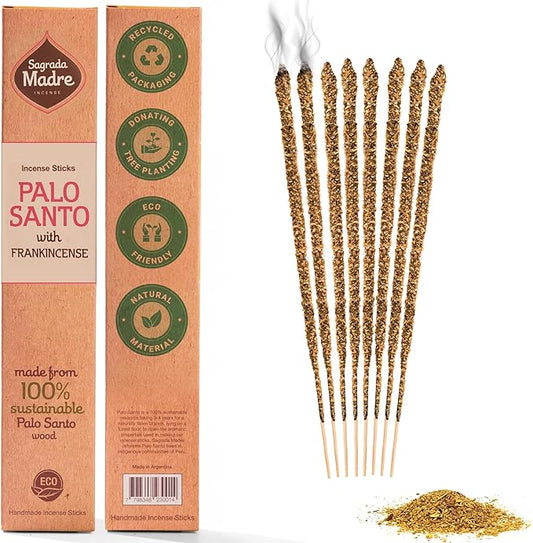 Sagrada Madre 8pcs Wildly Harvested Thick Palo Santo Incense Sticks (Frankincense), 9” Long - Eco Friendly, Non-Toxic, Aromatic Incense Sticks (1hr Burning Time) to Heal & Calm Your Body & Environment