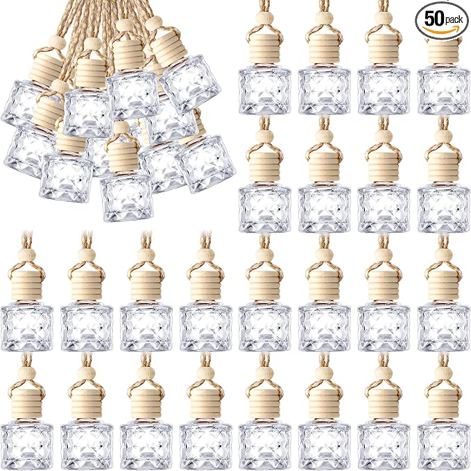 BBTO 50 Pcs Hanging Car Air Freshener Car Diffuser Bottles Empty Glass Perfume Bottle Freshener Diffuser Bottle Pendant for Essential Oil Fragrance Aromatherapy Bottle Ornament(Diamond) - Bloomnest
